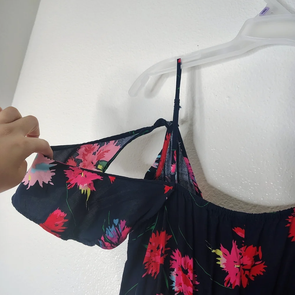 Express Floral Maxi Dress Small Blue Pink Ruffle High Low Wrap Faux Summer Boho - Picture 10 of 16